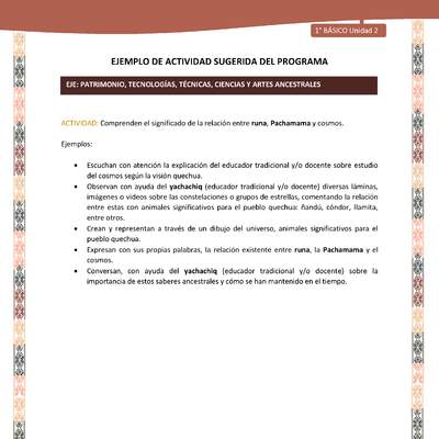 Actividad sugerida LC01 - Quechua - U2 - N°32: Comprenden el significado de la relación entre runa, Pachamama y cosmos.