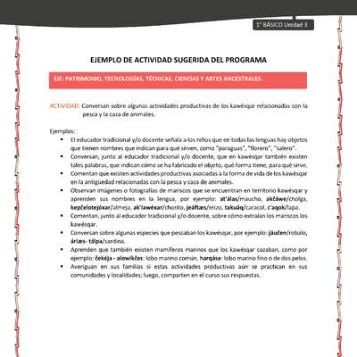 Actividad sugerida: LC01 - KAWÉSQAR - U3 - N°5: CONVERSAN SOBRE ALGUNAS ACTIVIDADES PRODUCTIVAS DE LOS KAWÉSQAR RELACIONADAS CON LA PESCA Y LA CAZA DE ANIMALES.