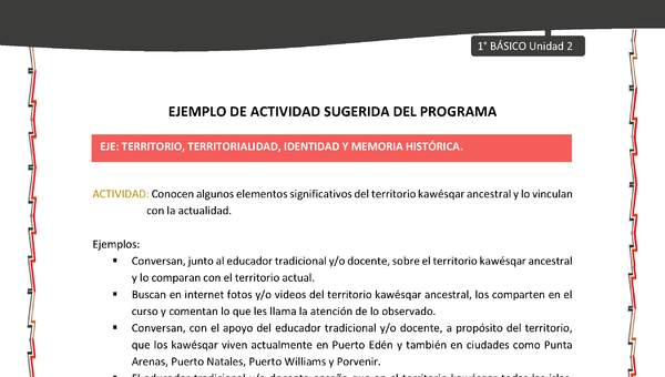 Actividad sugerida: LC01 - KAWÉSQAR - U2 - N°5: CONOCEN ALGUNOS ELEMENTOS SIGNIFICATIVOS DEL TERRITORIO KAWÉSQAR ANCESTRAL Y LO VINCULAN CON LA ACTUALIDAD.