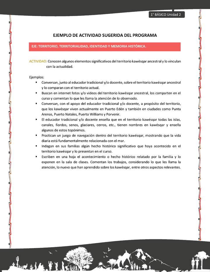 Actividad sugerida: LC01 - KAWÉSQAR - U2 - N°5: CONOCEN ALGUNOS ELEMENTOS SIGNIFICATIVOS DEL TERRITORIO KAWÉSQAR ANCESTRAL Y LO VINCULAN CON LA ACTUALIDAD.