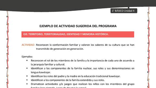 Actividad sugerida: LC01 - KAWÉSQAR - U4 - N°3: RECONOCEN LA CONFORMACIÓN FAMILIAR Y VALORAN LOS SABERES DE SU CULTURA QUE SE HAN TRANSMITIDO DE GENERACIÓN EN GENERACIÓN.