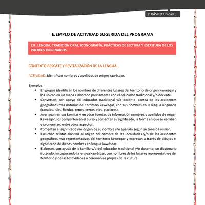 Actividad sugerida: LC01 - KAWÉSQAR - U3 - N°2: IDENTIFICAN NOMBRES Y APELLIDOS DE ORIGEN KAWÉSQAR.