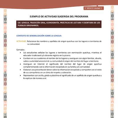 Actividad sugerida LC01 - Quechua - U3 - N°34: Relacionan los nombres y apellidos de origen quechua con los lugares o territorios de su comunidad.