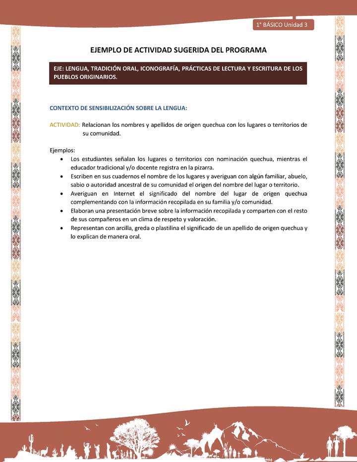 Actividad sugerida LC01 - Quechua - U3 - N°34: Relacionan los nombres y apellidos de origen quechua con los lugares o territorios de su comunidad.