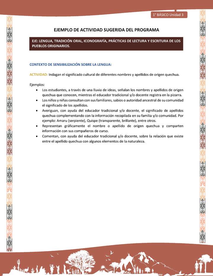 Actividad sugerida LC01 - Quechua - U3 - N°33: Indagan el significado cultural de diferentes nombres y apellidos de origen quechua.