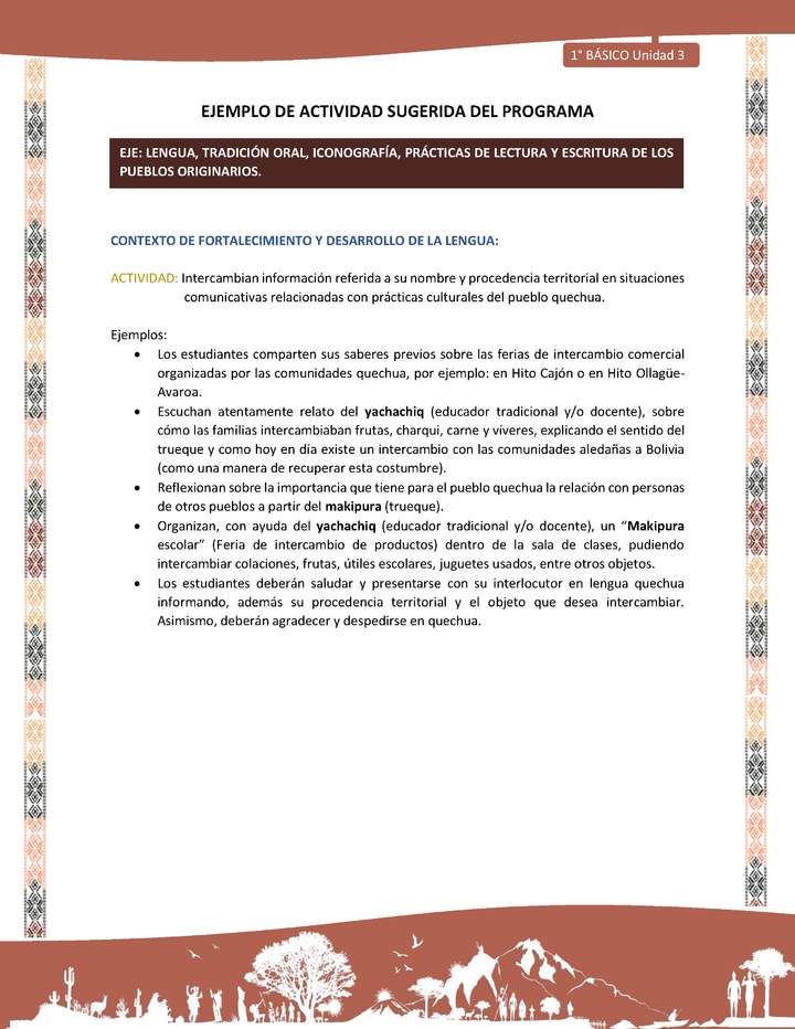 Actividad sugerida LC01 - Quechua - U3 - N°36:  Intercambian información referida a su nombre y procedencia territorial en situaciones comunicativas relacionadas con prácticas culturales del pueblo quechua.