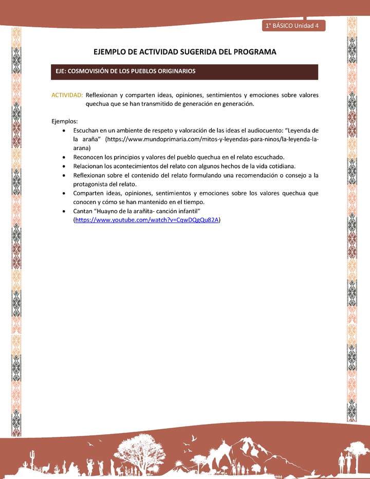 Actividad sugerida LC01 - Quechua - U4 - N°47: Reflexionan y comparten ideas, opiniones, sentimientos y emociones sobre valores quechua que se han transmitido de generación en generación.