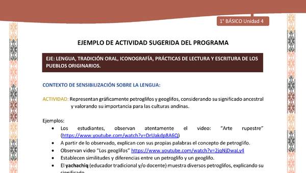 Actividad sugerida LC01 - Quechua - U4 - N°42: Representan gráficamente petroglifos y geoglifos, considerando su significado ancestral y valorando su importancia para las culturas andinas.