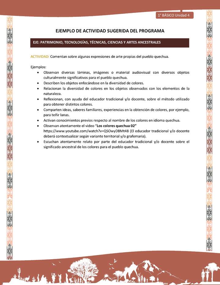 Actividad sugerida LC01 - Quechua - U4 - N°50: Comentan sobre algunas expresiones de arte propias del pueblo quechua.