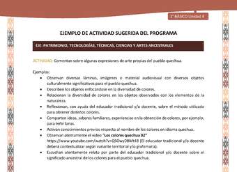 Actividad sugerida LC01 - Quechua - U4 - N°50: Comentan sobre algunas expresiones de arte propias del pueblo quechua.