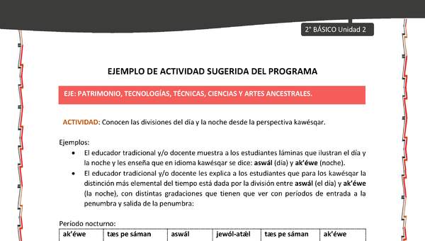 Actividad sugerida: LC02 - KAWÉSQAR - U2 - N°5: CONOCEN LAS DIVISIONES DEL DÍA Y LA NOCHE DESDE LA PERSPECTIVA KAWÉSQAR.