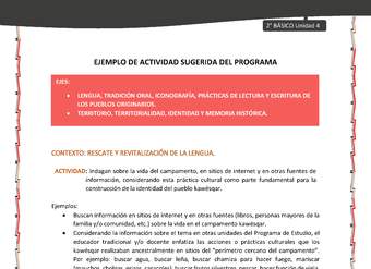 Actividad sugerida: LC02 - KAWÉSQAR - U4 - N°2: INDAGAN SOBRE LA VIDA DEL CAMPAMENTO, EN SITIOS DE INTERNET Y EN OTRAS FUENTES DE INFORMACIÓN, CONSIDERANDO ESTA PRÁCTICA CULTURAL COMO PARTE FUNDAMENTAL PARA LA CONSTRUCCIÓN DE LA IDENTIDAD DEL PUEBLO KAWÉSQAR.