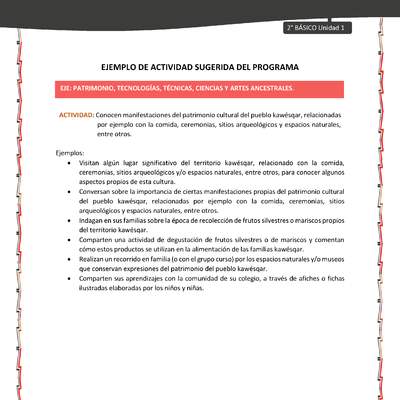 Actividad sugerida: LC02 - KAWÉSQAR - U1 - N°5:  CONOCEN MANIFESTACIONES DEL PATRIMONIO CULTURAL DEL PUEBLO KAWÉSQAR, RELACIONADAS POR EJEMPLO CON LA COMIDA, CEREMONIAS, SITIOS ARQUEOLÓGICOS Y ESPACIOS NATURALES, ENTRE OTROS.