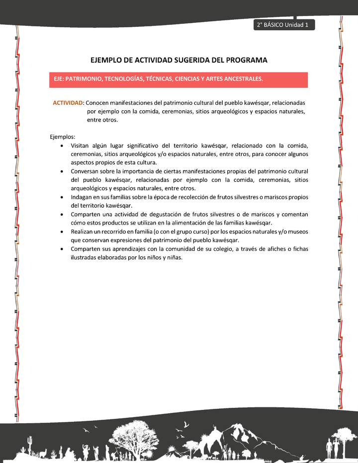 Actividad sugerida: LC02 - KAWÉSQAR - U1 - N°5:  CONOCEN MANIFESTACIONES DEL PATRIMONIO CULTURAL DEL PUEBLO KAWÉSQAR, RELACIONADAS POR EJEMPLO CON LA COMIDA, CEREMONIAS, SITIOS ARQUEOLÓGICOS Y ESPACIOS NATURALES, ENTRE OTROS.