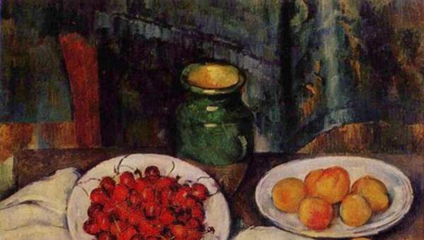 Naturaleza Muerta con Cerezas y Melocotones de Paul Cezanne