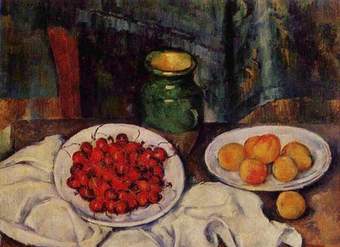 Naturaleza Muerta con Cerezas y Melocotones de Paul Cezanne