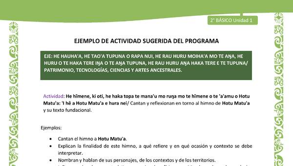 Actividad sugerida LC02 - Rapa Nui - U1 - N°21: Cantan y reflexionan en torno al himno de Hotu Matu'a y su texto fundacional.