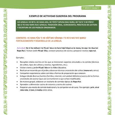 Actividad sugerida LC02 - Rapa Nui - U2 - N°22: Visitan Jardín Pū-pū 'Oka, conocen procesos de cocina y preparan recetas rapa nui.