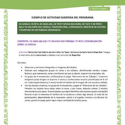 Actividad sugerida LC02 - Rapa Nui - U2 - N°05: Juegan al memorice de los tao'a tarai o tallados más comunes de Rapa Nui.