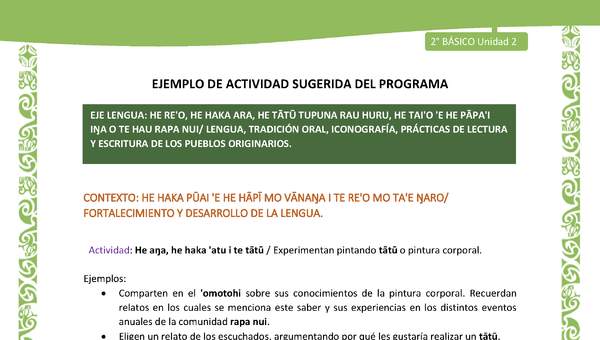 Actividad sugerida LC02 - Rapa Nui - U2 - N°19: Experimentan pintando tātū o pintura corporal.