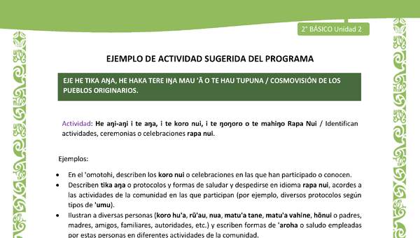 Actividad sugerida LC02 - Rapa Nui - U2 - N°28: Identifican actividades, ceremonias o celebraciones rapa nui.