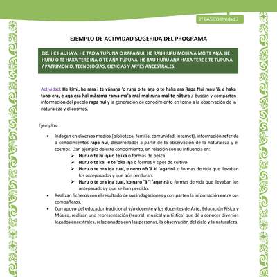 Actividad sugerida LC02 - Rapa Nui - U2 - N°31: Buscan y comparten información del pueblo rapa nui y la generación de conocimiento en torno a la observación de la naturaleza y el cosmos.