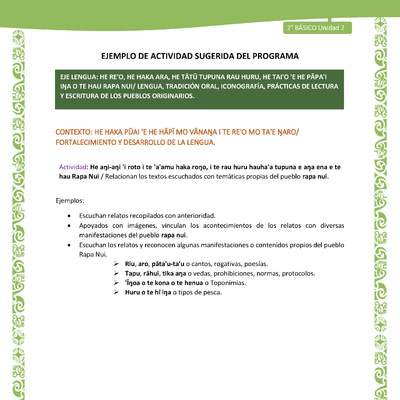 Actividad sugerida LC02 - Rapa Nui - U2 - N°20: Relacionan los textos escuchados con temáticas propias del pueblo rapa nui.