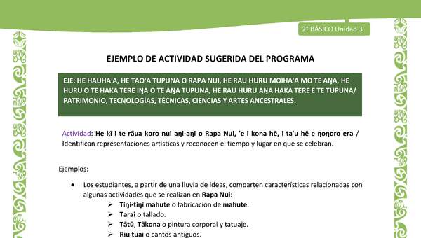 Actividad sugerida LC02 - Rapa Nui - U3 - N°15: Identifican representaciones artísticas y reconocen el tiempo y lugar en que se celebran.