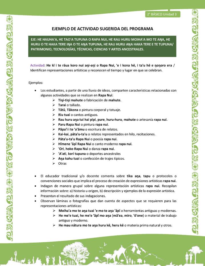 Actividad sugerida LC02 - Rapa Nui - U3 - N°15: Identifican representaciones artísticas y reconocen el tiempo y lugar en que se celebran.