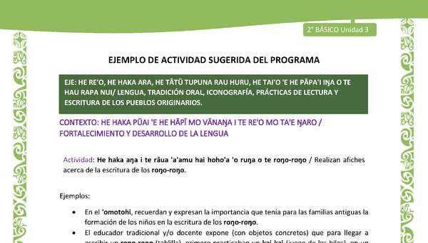 Actividad sugerida LC02 - Rapa Nui - U3 - N°05: Realizan afiches acerca de la escritura de los roŋo-roŋo.