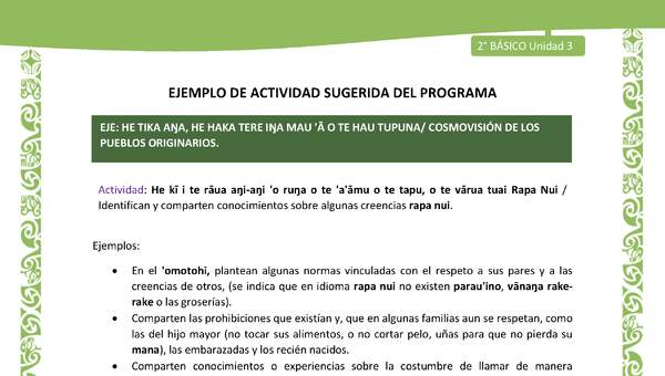 Actividad sugerida LC02 - Rapa Nui - U3 - N°10: Identifican y comparten conocimientos sobre algunas creencias rapa nui.