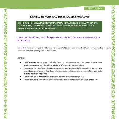 Actividad sugerida LC02 - Rapa Nui - U4 - N°04: Indagan sobre el medio natural y explican mensajes de la naturaleza.