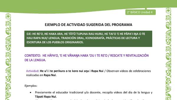 Actividad sugerida LC02 - Rapa Nui - U4 - N°06: Observan videos de celebraciones realizadas en Rapa Nui.