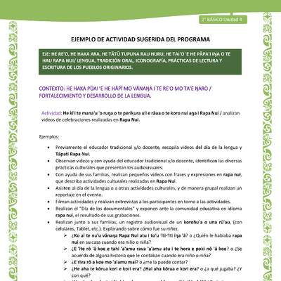 Actividad sugerida LC02 - Rapa Nui - U4 - N°09: analizan videos de celebraciones realizadas en Rapa Nui.