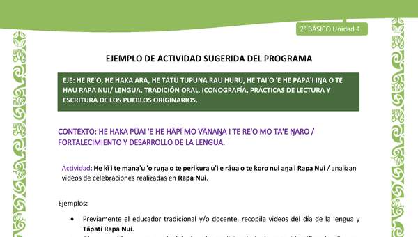 Actividad sugerida LC02 - Rapa Nui - U4 - N°09: analizan videos de celebraciones realizadas en Rapa Nui.