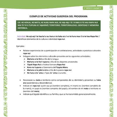 Actividad sugerida LC02 - Rapa Nui - U4 - N°10: Identifican elementos de la cultura e identidad rapa nui.