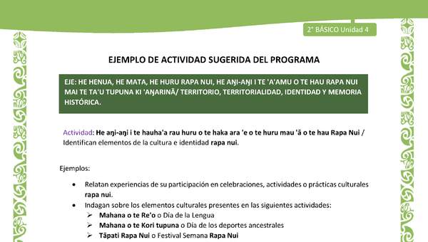 Actividad sugerida LC02 - Rapa Nui - U4 - N°10: Identifican elementos de la cultura e identidad rapa nui.