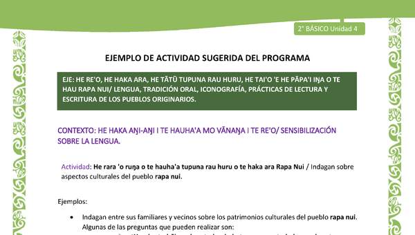 Actividad sugerida LC02 - Rapa Nui - U4 - N°02: Indagan sobre aspectos culturales del pueblo rapa nui.