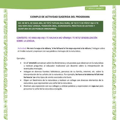 Actividad sugerida LC02 - Rapa Nui - U4 - N°01: Indagan sobre el medio natural y expresan con sus palabras mensajes de la naturaleza.