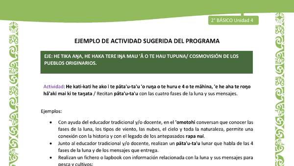 Actividad sugerida LC02 - Rapa Nui - U4 - N°11: Recitan pāta'u-ta'u con las cuatro fases de la luna y sus mensajes.