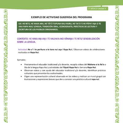 Actividad sugerida LC02 - Rapa Nui - U4 - N°03: Observan videos de celebraciones realizadas en Rapa Nui.