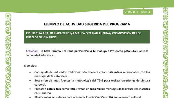 Actividad sugerida LC02 - Rapa Nui - U4 - N°12: Presentan pāta'u-ta'u ante la comunidad educativa.