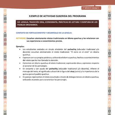 Actividad sugerida LC02 - Quechua - U1 - N°07: Escuchan atentamente relatos tradicionales en idioma quechua y los relacionan con sus experiencias o conocimientos previos.