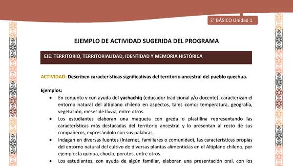 Actividad sugerida LC02 - Quechua - U1 - N°09: Describen características significativas del territorio ancestral del pueblo quechua.