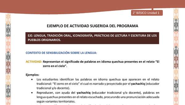 Actividad sugerida LC02 - Quechua - U1 - N°03: Representan el significado de palabras en idioma quechua presentes en el relato “El zorro en el cielo”.