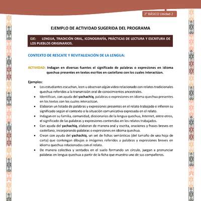 Actividad sugerida LC02 - Quechua - U2 - N°5: Indagan en diversas fuentes el significado de palabras o expresiones en idioma quechua presentes en textos escritos en castellano con los cuales interactúan.