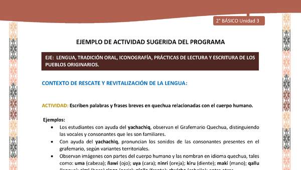 Actividad sugerida LC02 - Quechua - U3 - N°3: Escriben palabras y frases breves en quechua relacionadas con el cuerpo humano.