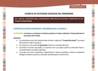 Actividad sugerida LC02 - Quechua - U4 - N°7: Escuchan y comentan en idioma quechua el relato tradicional “Urquq llakinkuna” (Las penas del volcán).