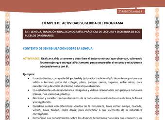 Actividad sugerida LC02 - Quechua - U4 - N°1: Realizan salida a terreno y describen el entorno natural que observan, valorando los mensajes que entrega la Pachamama para comprender el entorno y relacionarse adecuadamente con él.