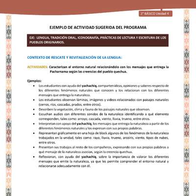 Actividad sugerida LC02 - Quechua - U4 - N°4: Caracterizan el entorno natural relacionándolo con los mensajes que entrega la Pachamama según las creencias del pueblo quechua.